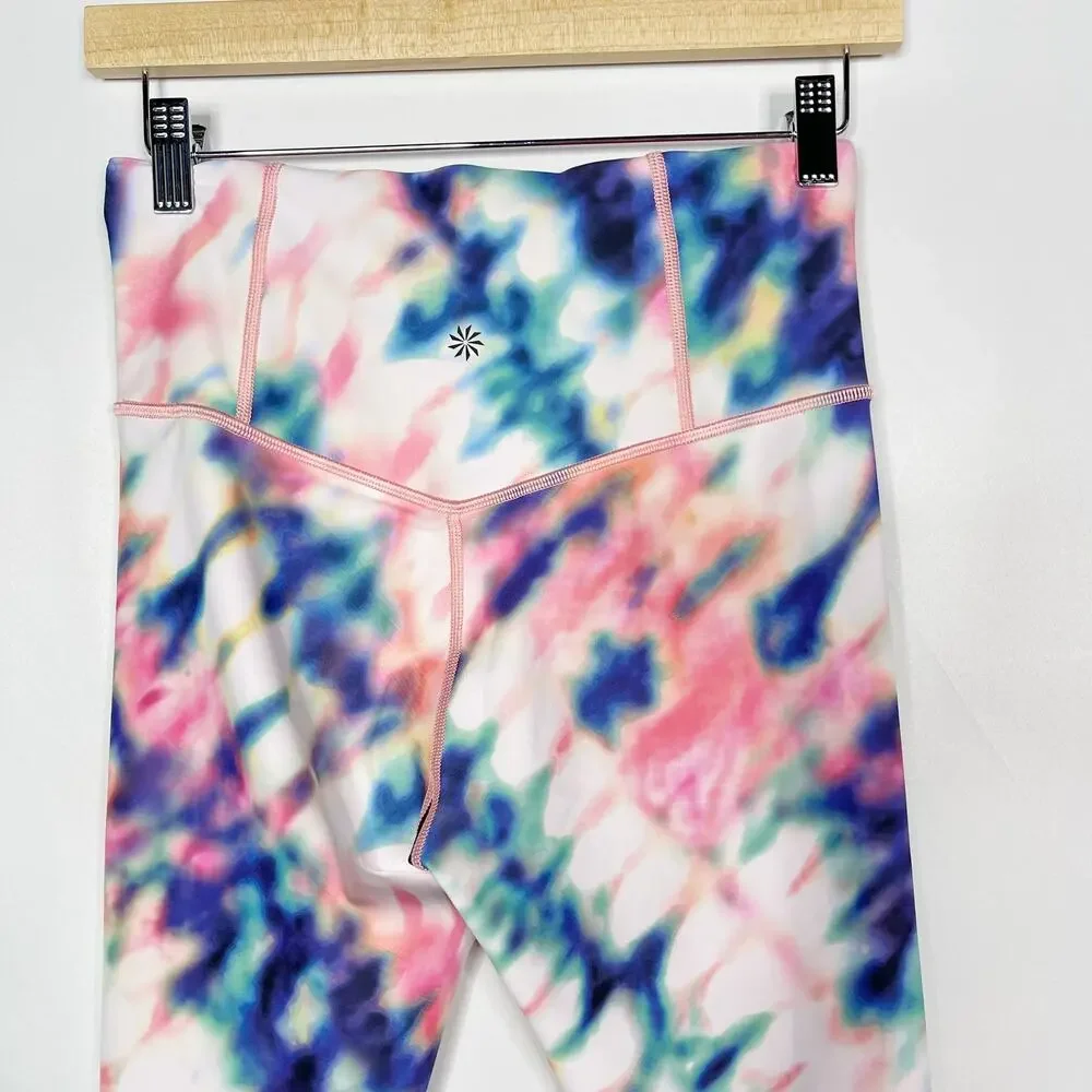 Athleta Small S Elation Tie Dye 7/8 Tight Leggings Workout Yoga Pink Blue Purple